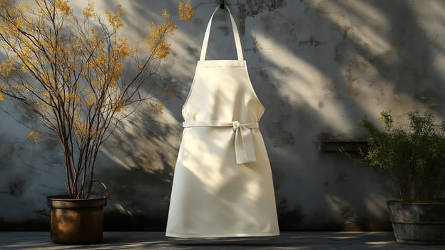 The apron is displayed frontally with cross-back straps, set against a textured wall and surrounded by potted plants showcasing a serene outdoor atmosphere, perfect for culinary creativity.