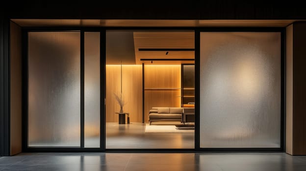 A modern glass door with frosted panels, set in a stylish urban apartment hallway. The door is partially open, offering a view of the dimly lit living room with minimalist furniture.