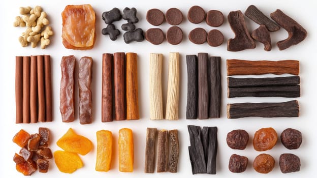 A diverse array of natural dog chews is neatly arranged, showcasing different shapes, textures, and flavors perfect for canine enjoyment and health.