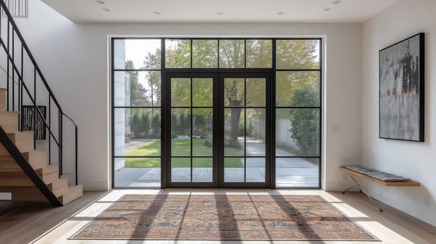 A modern entryway with a large glass door framed by a simple black metal frame. The glass door allows natural light to flood the hallway, highlighting the white walls and light oak hardwood floor.