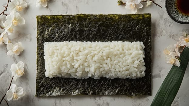 A glossy nori sheet is laid flat with a thin, delicate layer of sushi rice spread evenly on top. Fresh floral accents complement the elegant presentation, while a cup of tea is nearby.