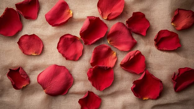Vibrant red rose petals are artfully scattered on a soft, beige fabric. The rich colors create a romantic and elegant atmosphere, perfect for special occasions or celebrations.