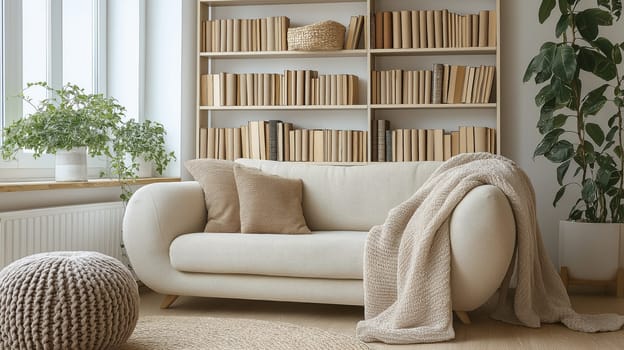 Bright and inviting living area featuring a light-colored sofa, plush pillows, and a library of books. The space is enhanced by greenery and soft textures, creating a warm atmosphere.