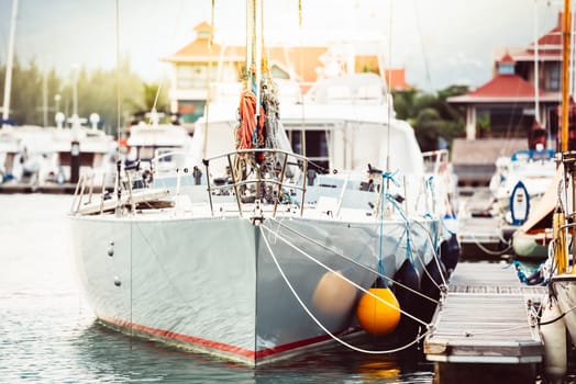 Sailboats moored at marina in bright sunlight with calm water, background, 