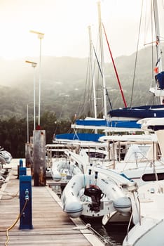 Boats docked at marina with mountain backdrop, suitable for background, 