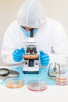 Examine bacteria in petri dishes in the laboratory. Selective focus. nature.
