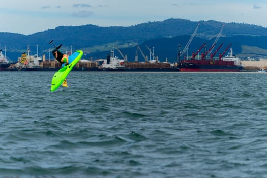 Tauranga New Zealand - March 8 2023; Wingfoiling across Pilot Bay in GWA tour event