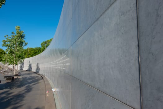 Christchurch New Zealand - November 21 2020; Canterbury Earthquake National Memorial wall along Avon River in city.