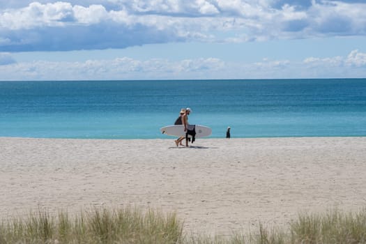 Tauranga New Zealand - March 22 2023: Mount Maunganui Main Beach background scene with people walking carrying surfboard.