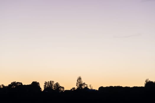 Land and trees in silhouette on horizon at sunrise across bay.