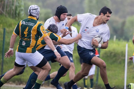 3 may 2025, lisbon. Portugal - oeiras vs ag - rugby players competing for the ball during a rugby match