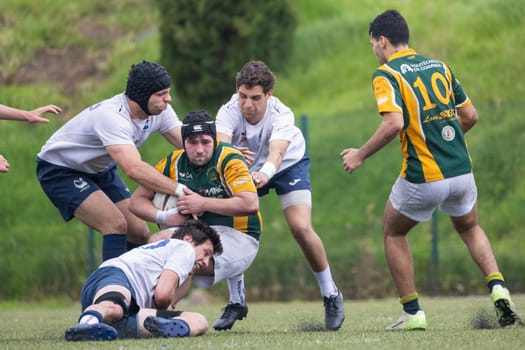 3 may 2025, lisbon. Portugal - oeiras vs ag - rugby players competing for the ball during a rugby match