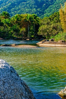 Stream that flows into the paradisiacal Bonete beach surrounded by tropical forest on the island of Ilhabela