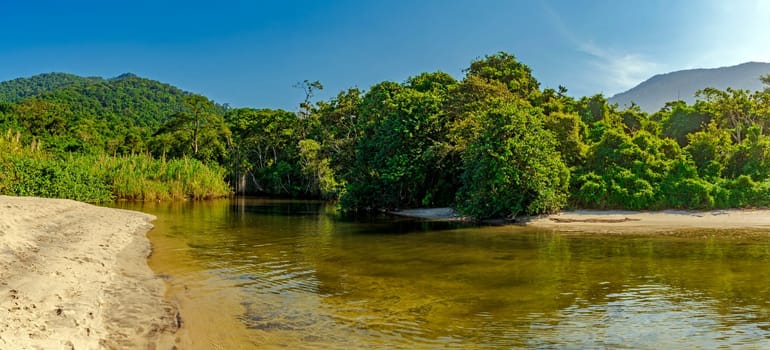 River through the rainforest flowing into Castelhaos beach on Ilhabela island in Sao Paulo