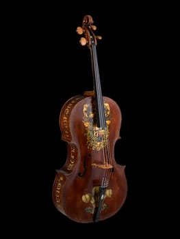 Antique "Royal George" cello crafted by William Forster in 1782. Features ornate floral decorations on rich brown wood. Represents historical musical instrument craftsmanship.
