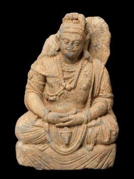 Ancient Gandhara sculpture of Maitreya, the future Buddha. Seated in meditative pose, rich in detail, reflecting Greco-Buddhist art. Symbolizes compassion, hope, and enlightenment.