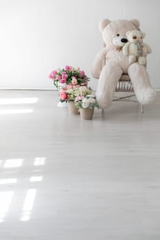 Polar bear toy flower baskets and gifts in the interior of a white room
