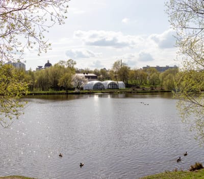 Shot of the large tent by the bank of the river
