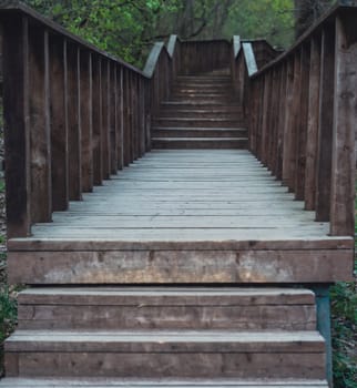 Straight-on view of a wooden stairway bridge with railings leading uphill through a green forest, captured in soft natural daylight.