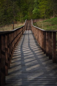 Long wooden boardwalk with railings casting geometric shadows, stretching into a lush green forest in springtime.