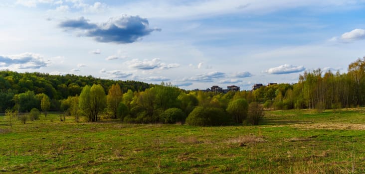 Expansive green meadow bordered by lush spring forest with residential buildings in the distance under a partly cloudy sky.
