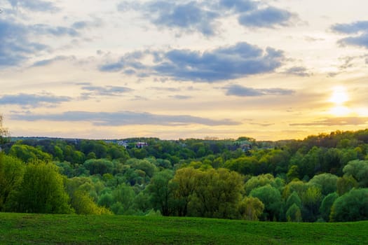 Wide view of a lush green forest and grassy field under a colorful sunset sky with clouds, with small distant houses on the horizon.