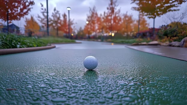 After a refreshing rain, the mini-golf course displays shimmering droplets on the green surface, surrounded by colorful autumn foliage and soft lighting, creating a relaxing atmosphere.