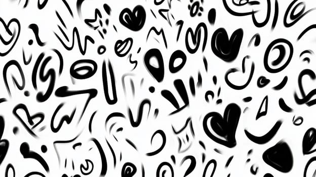 Various swirling shapes and symbols in black and white combine to form an energetic abstract composition. The playful patterns evoke a sense of movement and emotion, inviting interpretation.