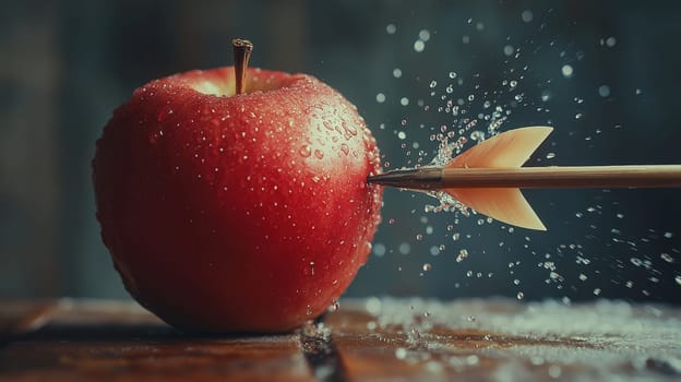 A sharp arrow strikes a shiny red apple, sending droplets of water flying in a dynamic moment. The scene conveys a powerful impact and the beauty of motion captured in stillness.