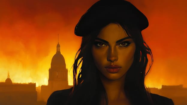 A striking oil painting features a beautiful woman with long hair and a serious expression. She stands against a dramatic sunset backdrop highlighting a skyline.
