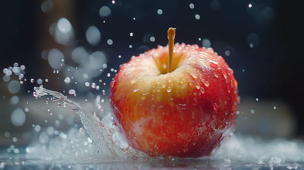 An apple is captured mid-splash, surrounded by a burst of water droplets. The vibrant red skin contrasts beautifully with the clear liquid, showcasing a moment of dynamic motion.