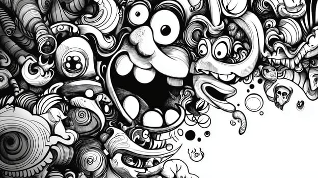 Dynamic abstract artwork showcases a collection of exaggerated faces amidst swirling patterns. The vibrant black and white design creates an engaging visual experience full of energy and movement.