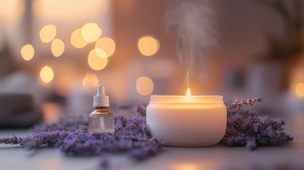 A flickering soy candle glows softly in a frosted glass jar, surrounded by lavender flowers and a small bottle, creating a serene and calming atmosphere ideal for relaxation.