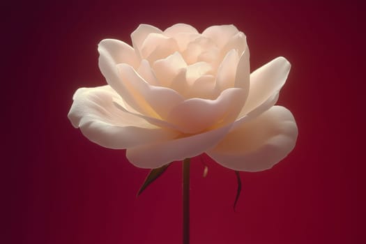 A delicate rose stands tall with soft pink petals, beautifully illuminated against a rich red background, showcasing its elegance in a minimalist design.