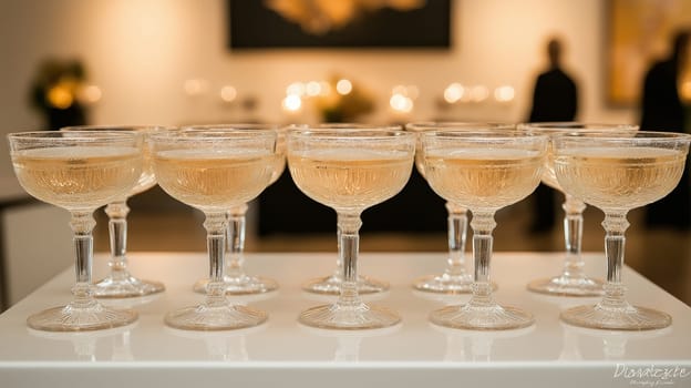 Set in a modern venue, sparkling glasses filled with bubbly stand neatly on a table, ready for guests. The atmosphere is sophisticated, inviting celebration and joy.