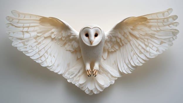 A barn owl glides effortlessly through the air, its large white wings fully extended, capturing the beauty of flight. The setting highlights the elegance of this magnificent bird.