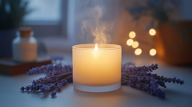 A flickering soy candle glows softly in a frosted glass jar, surrounded by lavender flowers and a small bottle, creating a serene and calming atmosphere ideal for relaxation.