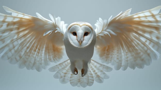 A barn owl soars mid-flight, its expansive wings spread wide against a neutral backdrop. The bird displays intricate feather patterns while pursuing its prey in the calm of twilight.