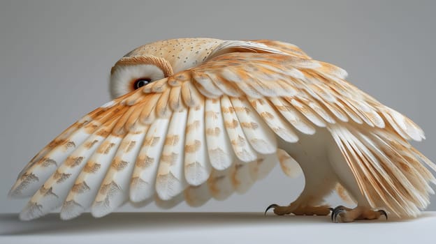 A barn owl is seen mid-flight, its wings extended widely. The bird's elegant feathers display intricate patterns in soft shades, highlighting its beauty in motion.