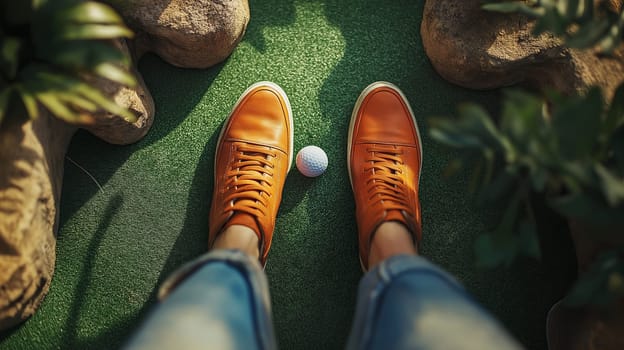 A person stands poised to take their shot in colorful orange sneakers on a vibrant mini golf course. Lush green surroundings frame the scene, enhancing the playful atmosphere.