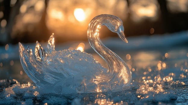 An intricate ice sculpture of a swan gracefully melts as the sun sets, casting a warm glow over the shimmering surface. The tranquil scene captures nature's beauty in transition.