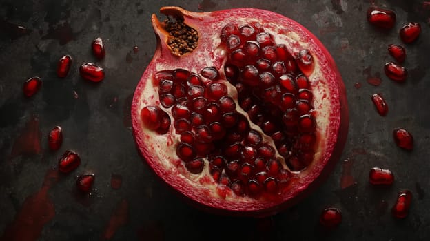 A halved pomegranate reveals glistening ruby-red seeds. The wooden background enhances the fruit's vibrant color. The light reflects off the juicy seeds, creating an appealing visual.