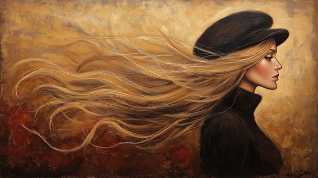 A captivating oil painting features a beautiful woman with long, flowing hair, elegantly dressed in a dark top and stylish hat.