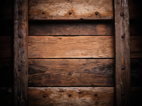 Close-up view of rustic wooden planks showing grain and nails, conveying a sense of age and vintage beauty, ideal for design and texture inspiration. Generative AI.