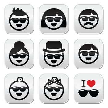 Vector icons set of people during summer or on holidays wearing sunglasses