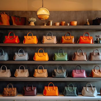 Colorful handbags on the shelves in the store