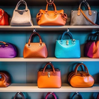 Fashionable women's handbags on a shelf in a store