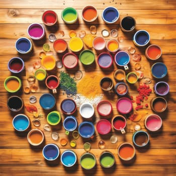 Colorful paint pots on wooden background, top view