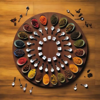 Spices in a round plate on a wooden background - top view