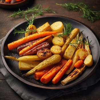 Baked potatoes and carrots with rosemary and spices on a plate